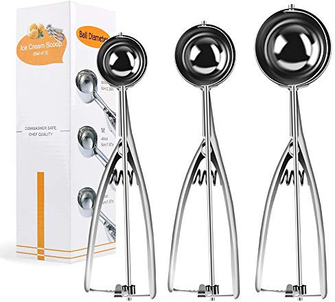Tmysim Cuillère à Glace,3 Packs Boules Cuillère à Crème Glacée Réutilisable Ice Cream Scoop en Acier 304 Inoxydable avec Renforcer Cuillères Sphériques pour Cookies Servir Glace Sorbets