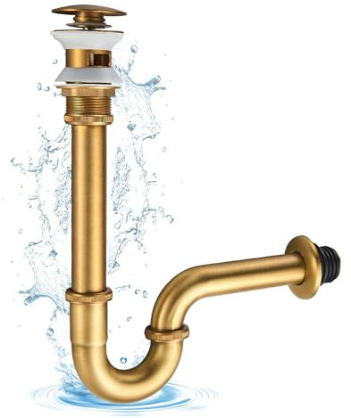 KINKIBOS Sifone a P in acciaio inox e scarico in ottone scanalato, 1 1/4 x 32 mm universale, regolabile in altezza e finitura spazzolata in ottone anticato