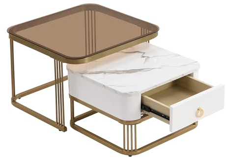 Couchtisch, stapelbarer Couchtisch, Tischplatte aus Marmor, Beistelltisch aus Metall mit Golddekor, 2er-Set, geeignet für Wohnzimmer, Balkon (White+Braun)