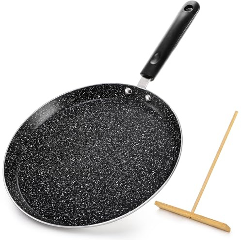 WRINGKIT 26cm Nonstick Crepe Pan with Spreader, Flat Skillet Tortilla Pan with Granite Coating, Round Griddle Pancake Pan with Stay-Cool Handle, Induction Compatible, PFOA Free