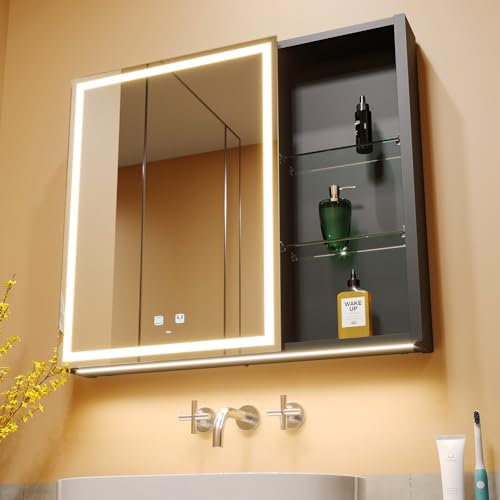 KWW LED éclairage Salle de Bains Armoire à Pharmacie avec Miroir, Température de Couleur réGlable, Anti - Buée Gradateur, Prise et USB, Armoire à Pharmacie Miroir Mural (75.2_x_70_cm)