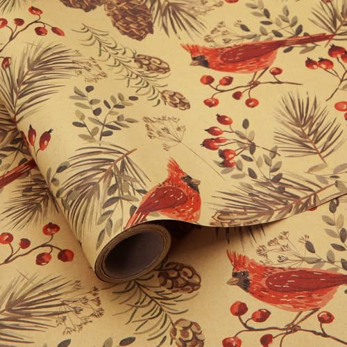 Geschenkpapier mit Winterwald Kardinalvögel Waldbeeren Tannenzapfen, 1 Mini-Rolle, 43 x 300 cm, Kraft Braun Weihnachts Geschenkpapier für Wintersonnenwende, Weihnachten, Hochzeiten, Geburtstage