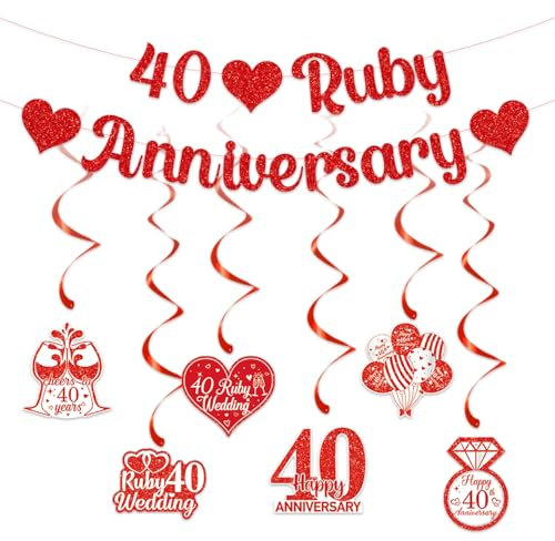 Gidobo 40th Wedding Anniversary Decorations Set, 40 Ruby Anniversary Banner, 6 Pieces Hanging Swirls, Glittery Party Hanging Bunting for Couple Parent Celebration