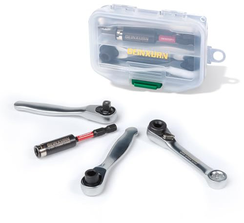 GEINXURN Mini Ratchet Wrench& Bit Holder Set 4 Pcs, 1/4 Drive Ratchet Handle Wrench, 72-T Quick-Release Reversible Socket Wrench, Impact Extension Bit Holder with Case