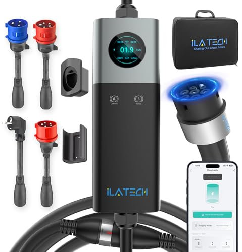 iLa Tech Mobile Wallbox 22kW WiFi, EV Ladegerät mit Typ 2 Ladekabel 5M, LCD Display, IP66 Wasserdicht mit Halterung Einstellbare Stromgröße Adapter Schuko 16A/CEE 32A Rot/CEE 16A Rot/CEE 32A Blau