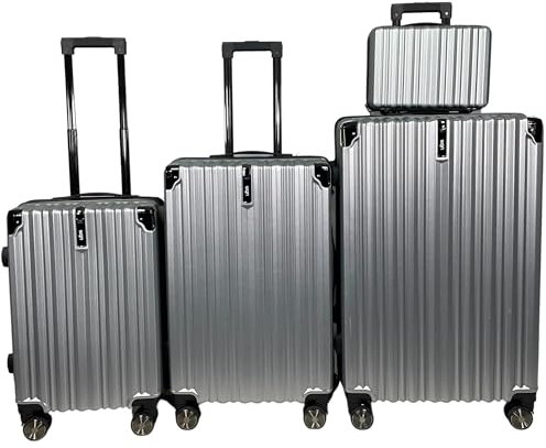 SIGN Hartschalen Reisekoffer Trolley ABS Tasche Leicht 4 Doppelrollen (Handgepäck-Mittel-Groß-Set) Nummernschloss (Silber, 3er Set)