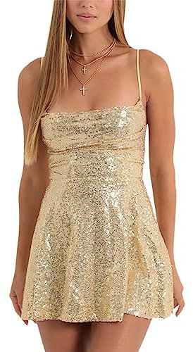 ensswliz Women Shiny Sequins Dress Summer Backless A-Line Mini Party Dress for Cocktail Beach Streetwear (A Gold, XL)