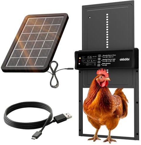 Okkobi Porte Automatique Poulailler Solaire - Ecran LCD - Télécommande, capteur de lumière et minuterie - Sécurité et tranquillité d'esprit : Fonction Anti-pincement - Protection 5 Ans - Noir