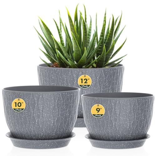 3 Pack Plastic Plant Pots,30/25/23CM,Large Plant Pots Indoor Flower Pots with Drainage Holes Saucer and Reservoir for All House Plants(Grey Speckles)