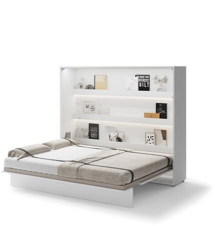 Friderik Bed Concept BC-14 Wandklappbett Horizontal Schrankbett mit Matratze und mit LED-Beleuchtung, 160x200 cm (Weiß Hochglanz)