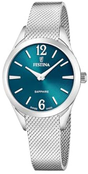 Festina Swiss Made Grace Quartz (32mm) Turquoise Sunray Dial/Stainless Steel Mesh Bracelet F20076/4 | Quartz movement, high-strength sapphire glass, 5 ATM waterproof F20076/4, Grace
