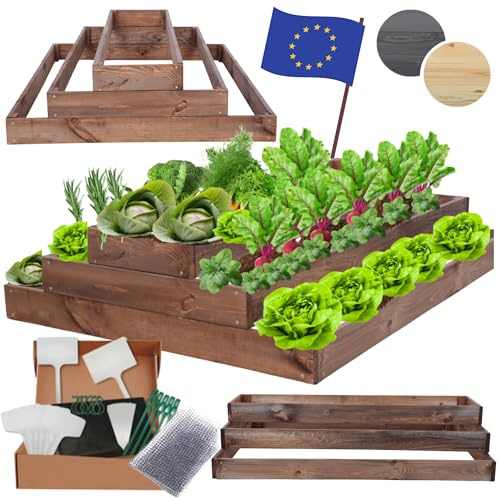 MODO24 Hochbeet Holz, Blumenkasten, Gartenbeet, 27x117x120cm, Braun | Robustes Kräuterbeet & Pflanzbeet aus Kiefernholz, Dekoratives Blumenbeet & Gartenbeet für Garten, Balkon & Terrasse