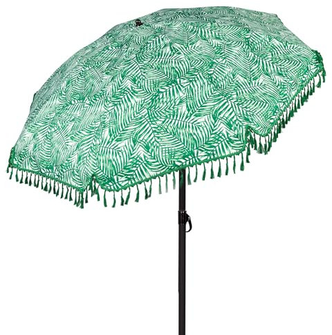 AKTIVE Sombrilla de playa 180 cm con flecos, Estampado helechos, Mástil de acero 22/25 mm inclinable, Protección UV30, 8 varillas resistentes, Funda de transporte, Ligera y fácil de montar (62434)