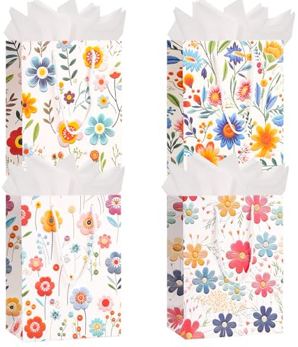 Medium Gift Bags for Present,9 Flower Printed Bags with Handles & Tissue Paper for Gilr Women's Birthday, Weddings,Wildflower Party,Mothers Day & Any Occasion