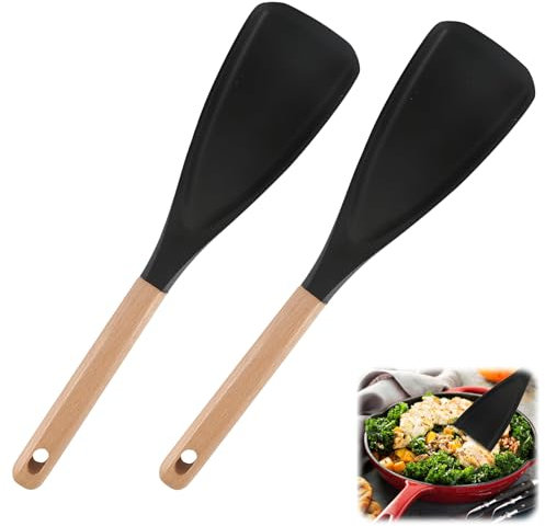 Ninnyi 2 Pcs Multifunction Spatula Cooking Spoon, Multi Function Non Stick Silicone Spoon with Wood Handle for Cooking (Black)
