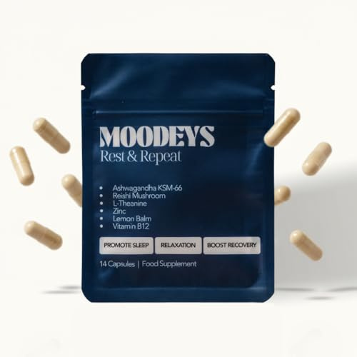 Moodeys Rest & Repeat, Organic Natural Sleep Supplement | Deep Sleep & Recovery | Functional Mushrooms & Adaptogens | Reishi Mushroom (5,250mg), Ashwagandha KSM-66 (4,800mg), Lemon Balm & L-Theanine