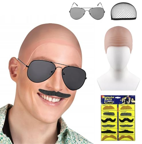 Spetsbst Latex Glatze Perücke, Wiederverwendbare Glatzenkappe | mit Haarnetz + Falscher Bart + Sonnenbrille, Bald Cap für Halloween Karneval Cosplay Kostüm Kinder Erwachsene Männer Frauen