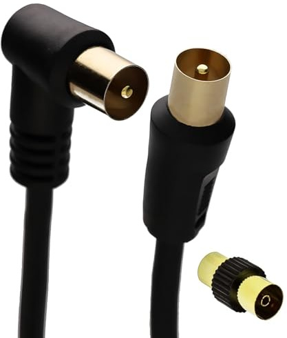 kenable RF Right Angle TV Aerial Cable Coax Male to Male with F-F Coupler Gold Plated Freeview 1m Black