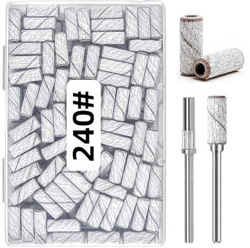 DMQ Sanding Bands for Nail Drill, 100Pcs Mini Extra Fine 180 Grit Nail File Small Nail Sanding Bands Set with 2pcs 3/32'' Mandrels Bits for Acrylic Nail Gel Removing Shaping Manicure Pedicure