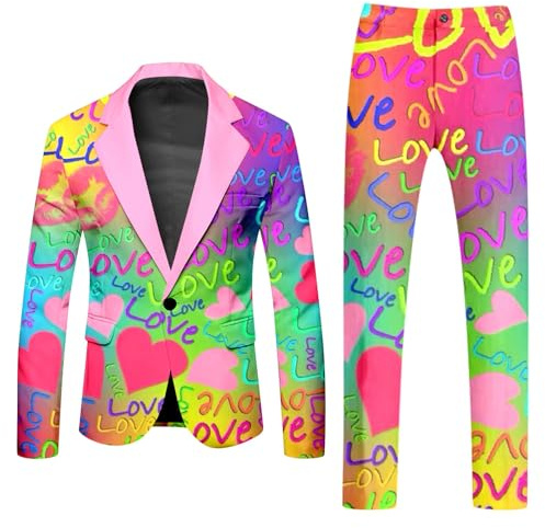 Zanisouta Halloween Kostüm Herren Bunt Muster Anzug Regenbogen Blazer Hippie 2 Teilig Sets Pride LGBTQ Lustiger Anzugjacke Neon Zweiteiler Sportlich Sakko Glitzer Jacke und Hose