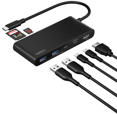 Belkin Hub USB-C 7 Ports avec HDMI 4K à 60 Hz, Lecteur Cartes SD et MicroSD, Power Delivery 100 W, Transfert de Données 5 Gbit/s, pour MacBook, iPad Pro, Chromebook, Etc. - Noir