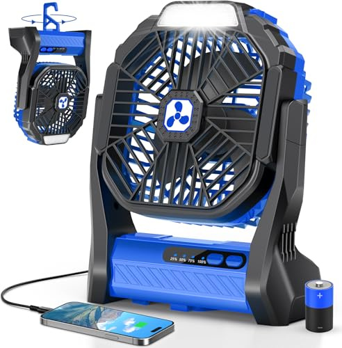 PDBEST Ventilador a Pilas 20000 mAh inalámbrico, Recargable, Ventilador portátil con Linterna LED, Ventilador de Mesa, batería USB-C, Ventilador de Camping para Viajes, Playa Azul