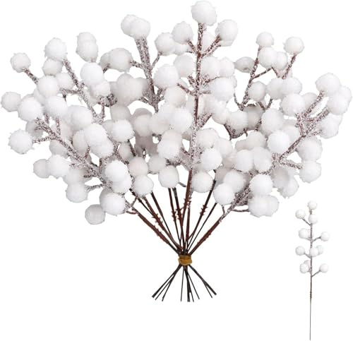 Graceever 24 Stück Weiß Beeren Deko Weihnachten,Beerenzweig Künstlich,Gefälschte Zweige Stechpalme Deko 22 cm Länge, Leuchtende Farben,Dekoration für Weihnachten,Hochzeit,Handwerk und Heimornamente