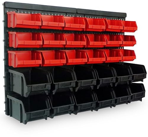 ORDER Werkstatt Wandregal-Set, 30 Stapelboxen in Rot/Schwarz, Hängeorganizer mit Sortierboxen, 64x2x38 cm, Montagefähig