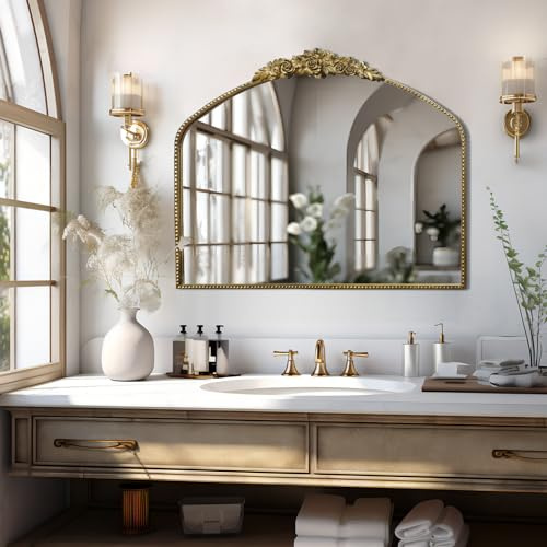 G-LEAF Antik Wandspiegel Gold Bogenform Barock - 101x76 cm Großer Vintage Spiegel mit Ornament-Krone, Eleganter Metallrahmen Dekospiegel für Badezimmer, Wohnzimmer & Flur