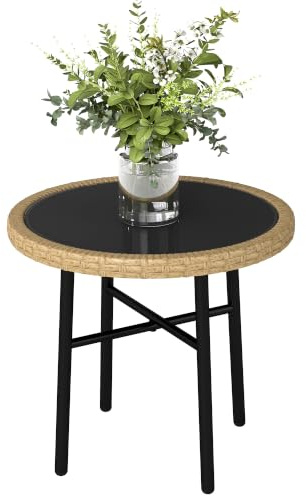 Outsunny Table Basse Ronde de Jardin en Résine Aspect Rotin Ø 46 cm Naturel | Acier, Plateau Verre Trempé, Table d'Appoint, pour Salon, Balcon, Piscine