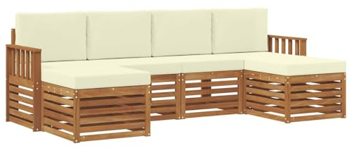 vidaXL Sofagarnituren 6 pcs Natur und Creme Massivholz Akazie, Outdoor-Sofa, modernes Gartenmöbel, langlebiges Ecksofa, Terrasse Lounge, Sitzgruppe für die Veranda