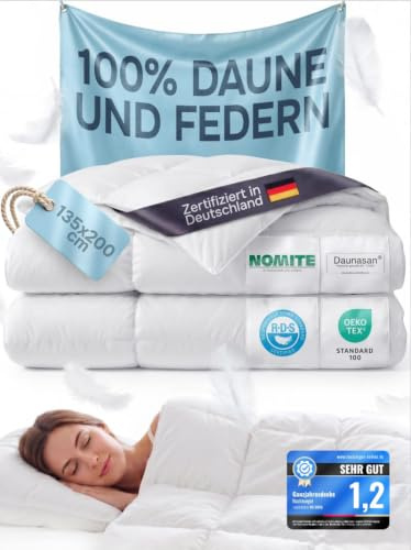 Nachtengel Daunendecke 135x200 Ganzjahresdecke Bettdecke Duvet | Mit 100% Daunen & Federn, 100% Baumwollbezug, Oeko-Tex geprüft, atmungsaktiv & allergikerfreundlich, DE-zert.
