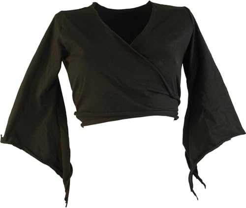 GURU SHOP Elfen Top, Top Goa-chic, Wickeltop - Schwarz, Damen, Baumwolle, Size:S