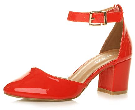 Ajvani Womens Ladies Low mid Block Heel Ankle Strap Court Shoes Sandals, Red Patent, 6 UK