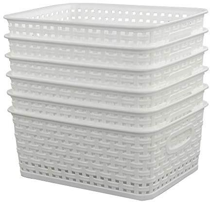 Sandmovie White Plastic Woven Ratten Baskets, 6-Pack