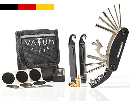 Fahrradwerkzeug - Praktisches Fahrrad Werkzeug- und Reparatur Set - Flickzeug mit 16-in-1 Multitool, Ventiladapter & Aufbewahrungstasche - Fahrradflickzeug - Reparaturset - Reifenflickzeug