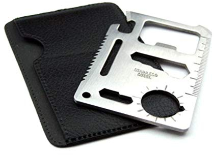 Multi Tool 11 in 1 Multifunktions-Werkzeug im Kreditkartenformat, Außenwerkzeug, Edelstahl, mit Ledertasche, Vater Mari