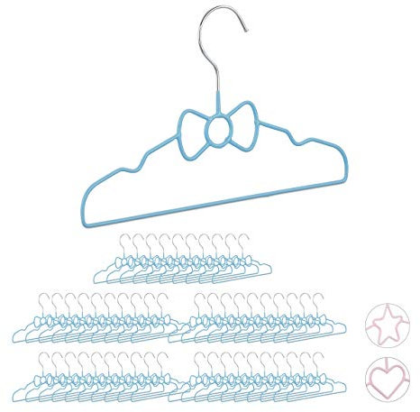 Relaxdays 50 x Kinderkleiderbügel Schleife, Drahtbügel, Babybügel, dekorativ & platzsparend, Kinderbügel Metall, 30 cm, blau