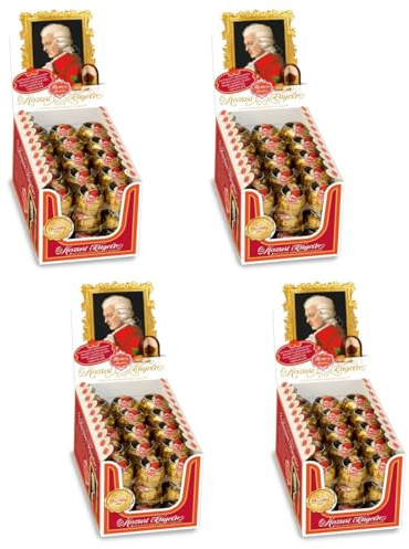 Reber Mozart-Kugeln, 4x45er Aufstellkarton, Kugeln aus Zartbitter-Schokolade, Gefüllt mit Pistazien-Marzipan, Mandeln und Haselnuss-Nougat, 3,6kg (180 Stück)