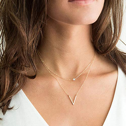 TseenYi Halskette mit V-förmigem Anhänger, mehrlagig, goldfarben, Kristall, Boho-Kette, Schmuck für Damen und Mädchen (Gold)