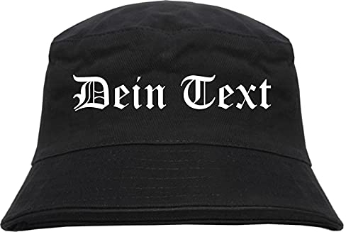 Individueller Fischerhut - altdeutsch gerade - Bucket Hat mit Wunschtext Bedruckt Schwarz L