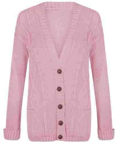 LUXE DIVA New Womens Everyday Long Sleeve Button Top Ladies Chunky Aran Cable Knit Grandad Cardigan UK Size 8-26 Baby Pink