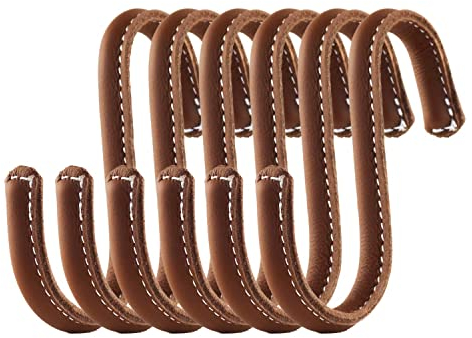 Brute Strength - S-Haken mit Vollnarbenleder umwickelt - 6 Stück - Cognac - 10 cm Edelstahl-Metallbügel Aufhängehaken für Küche, Werkstatt, Bad
