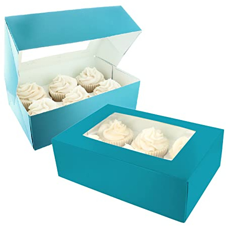 Baked with Love 6/12 Cupcake Box, Twin Pack, Teal Cupcake Boxes to Carry Tasty Treats, Includes Dual Insert for 6 Standard Cupcakes or 12 Mini Cupcakes, Pack of 2 Blue Boxes