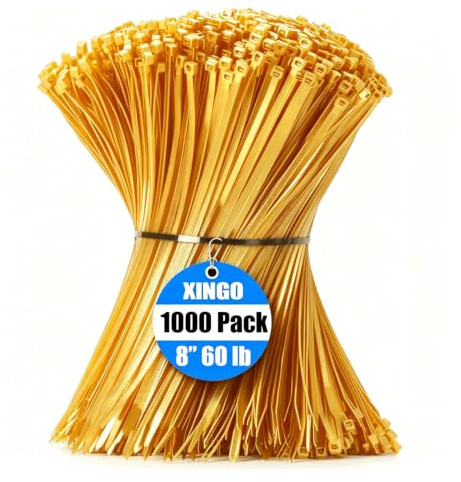 XINGO 1000 Stück Kabelbinder Gold, 200mm x 4.8mm, 22,7 kg Zugfestigkeit, UV-beständig, Selbstsichernde Kabelbinder für drinnen und drauße