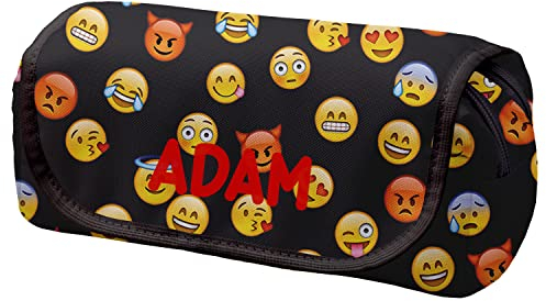 Ferocity Personalisierte Mäppchen Federtasche mit Namen Schlamperbox Federmäppchen mit Klettverschluss Klappe Schüleretui Stiftemappe mit Zwei Reißverschlüssen Emoji Black [151]