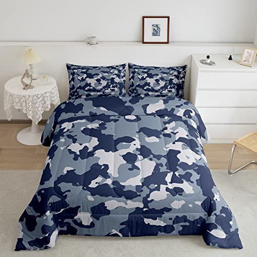 Feelyou Camouflage Comforter Set Camo Bedding Set Military Style Comforter Blue Quilted Duvet Set for Boys Girls Children Teens Microfiber Twin