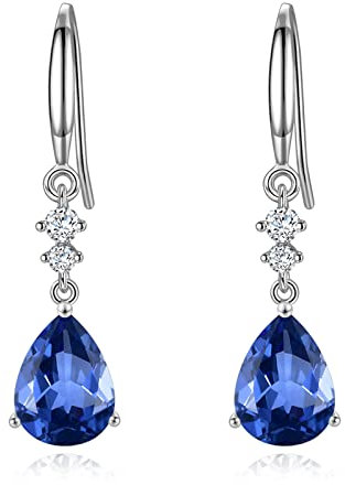 Sterling Silver Dangle Earrings for Women, Hypoallergenic Blue Cubic Zirconia Teardrop Dangle Drop CZ Earring Jewellery Gifts for Girls, Silver