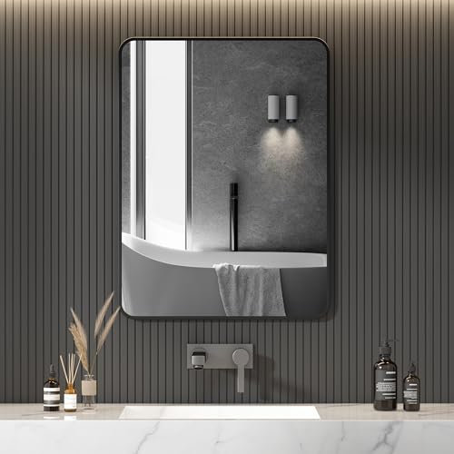 HY-RWML Wandspiegel 80x60 cm Badezimmerspiegel Badspiegel ohne Beleuchtung für Wand Rechteck mit Abgerundeten Ecken rechteckig Spiegel Schwarz Metallrahmen Wandspiegel