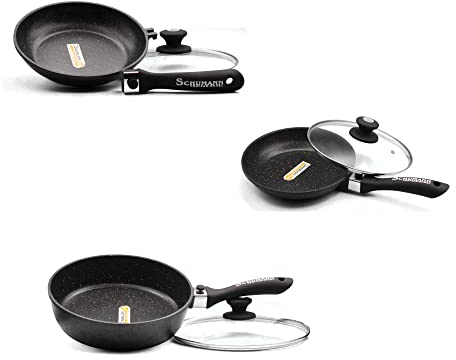 Schumann Professionnel - Lot 2 Pôeles 24/28cm - Sauteuse 28cm - Revêtement Pierre -Compatibles Tous feux dont Induction - Fonte d'Aluminium Sans PFOA - Manches Amovibles Silicone - Couvercle Inclus